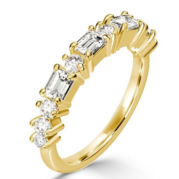 18K Gold Plated Sterling Silver Half Eternity Wedding Band with Round & Emerald Cut Stones