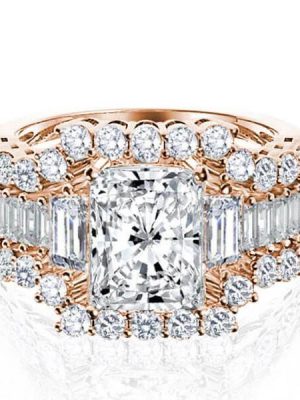 Three Stone Wedding Ring Set - 18K Rose Gold Plated Sterling Silver - 3.00CT Center Stone