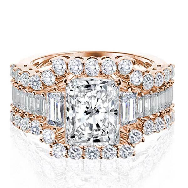 Three Stone Wedding Ring Set - 18K Rose Gold Plated Sterling Silver - 3.00CT Center Stone