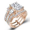 Three Stone Wedding Ring Set - 18K Rose Gold Plated Sterling Silver - 3.00CT Center Stone