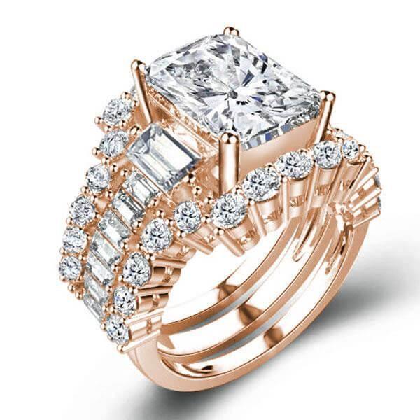 Three Stone Wedding Ring Set - 18K Rose Gold Plated Sterling Silver - 3.00CT Center Stone