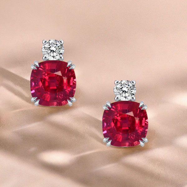 Cushion Cut Ruby & Sapphire Stud Earrings - Sterling Silver