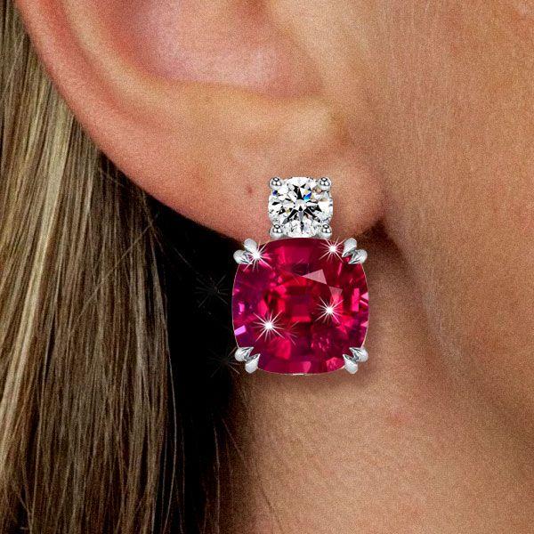 Cushion Cut Ruby & Sapphire Stud Earrings - Sterling Silver