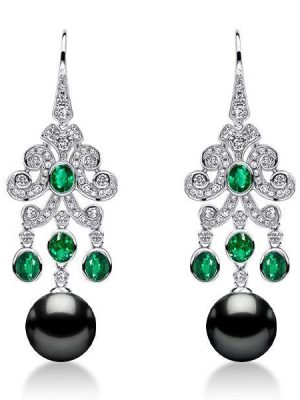Vintage Style Emerald & Black Pearl Drop Earrings - Sterling Silver