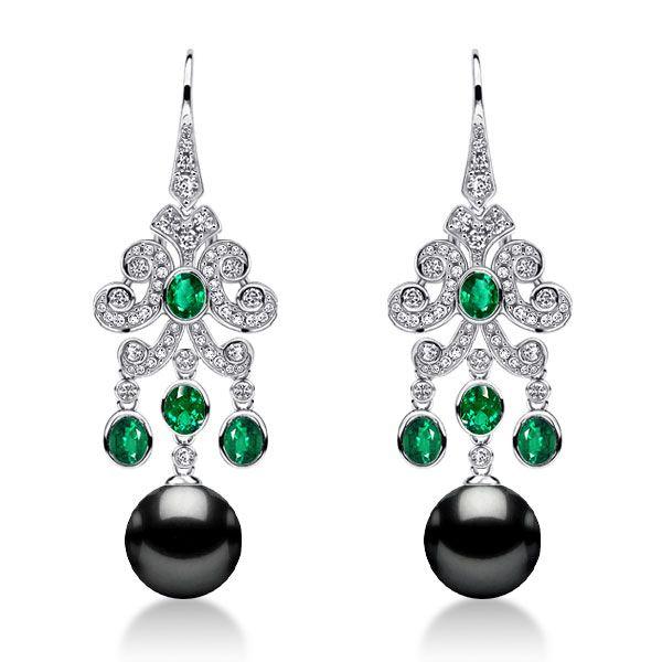 Vintage Style Emerald & Black Pearl Drop Earrings - Sterling Silver