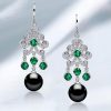 Vintage Style Emerald & Black Pearl Drop Earrings - Sterling Silver