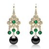 Vintage Style Emerald & Black Pearl Drop Earrings - Sterling Silver
