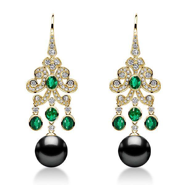 Vintage Style Emerald & Black Pearl Drop Earrings - Sterling Silver