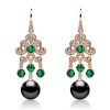 Vintage Style Emerald & Black Pearl Drop Earrings - Sterling Silver