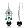 Vintage Style Emerald & Black Pearl Drop Earrings - Sterling Silver