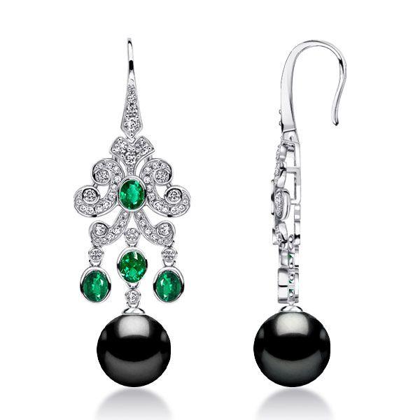 Vintage Style Emerald & Black Pearl Drop Earrings - Sterling Silver