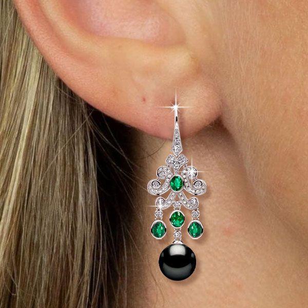 Vintage Style Emerald & Black Pearl Drop Earrings - Sterling Silver