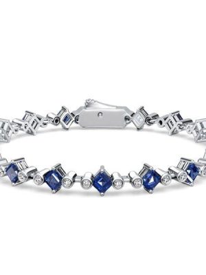 Women's Three Stone Asscher Cut Blue Sapphire Tennis Bracelet in Sterling Silver