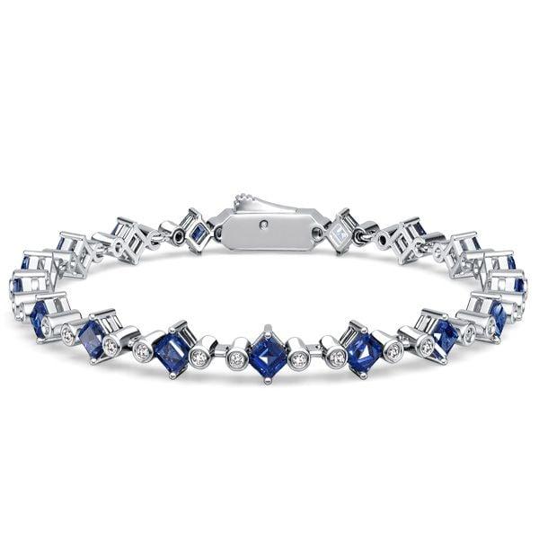 Women's Three Stone Asscher Cut Blue Sapphire Tennis Bracelet in Sterling Silver