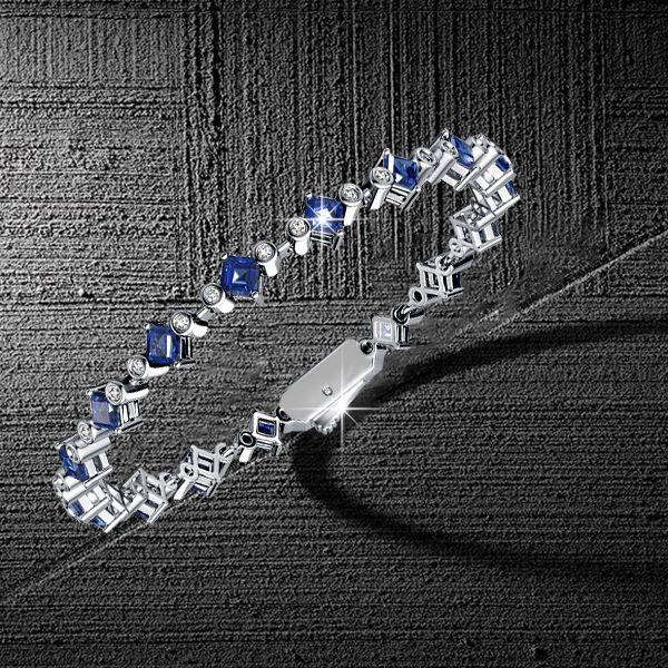 Women's Three Stone Asscher Cut Blue Sapphire Tennis Bracelet in Sterling Silver