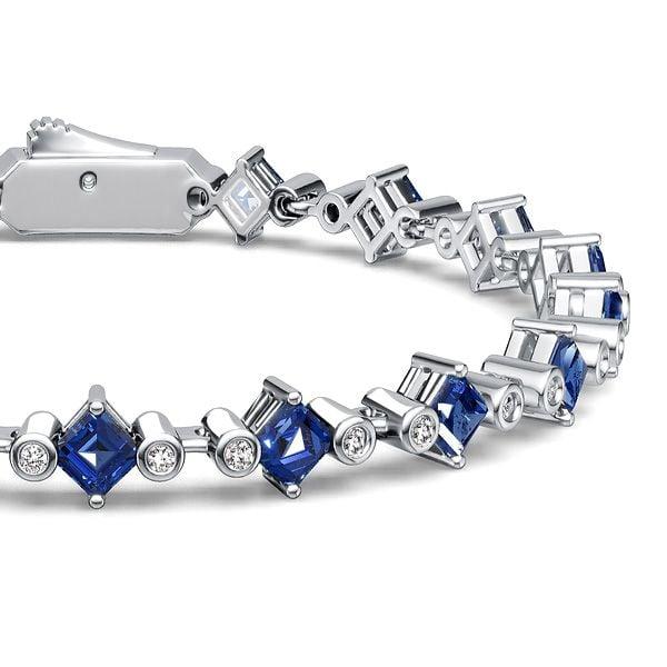 Women's Three Stone Asscher Cut Blue Sapphire Tennis Bracelet in Sterling Silver