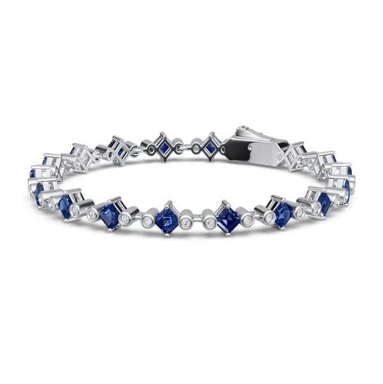 Women's Three Stone Asscher Cut Blue Sapphire Tennis Bracelet in Sterling Silver