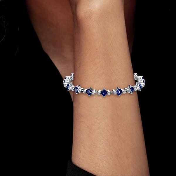 Women's Three Stone Asscher Cut Blue Sapphire Tennis Bracelet in Sterling Silver