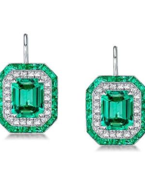 Luxury Emerald Green Double Halo Dangle Earrings in Rhodium Plated 925 Sterling Silver