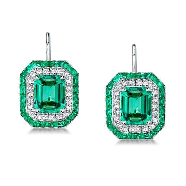 Luxury Emerald Green Double Halo Dangle Earrings in Rhodium Plated 925 Sterling Silver