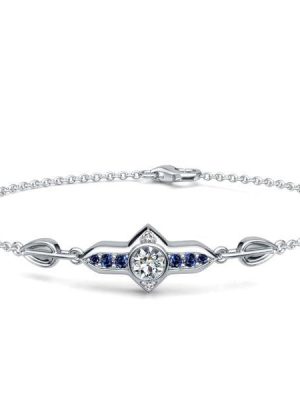 925 Sterling Silver Round White and Blue Sapphire Chain Bracelet for Women