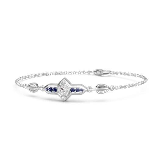 925 Sterling Silver Round White and Blue Sapphire Chain Bracelet for Women