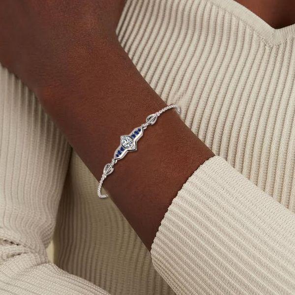 925 Sterling Silver Round White and Blue Sapphire Chain Bracelet for Women