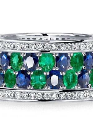 Oval Blue & Emerald Multi-Row Wedding Band - Sterling Silver
