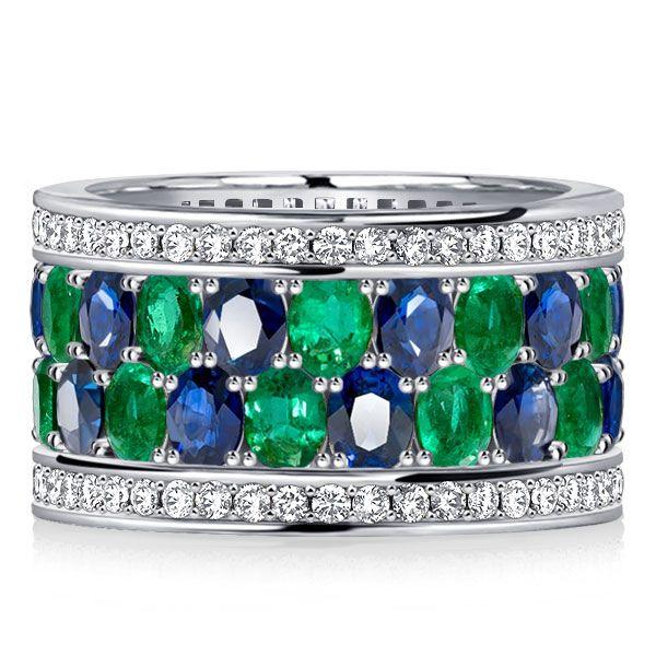 Oval Blue & Emerald Multi-Row Wedding Band - Sterling Silver