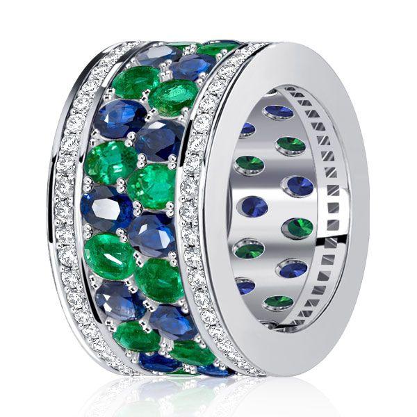 Oval Blue & Emerald Multi-Row Wedding Band - Sterling Silver