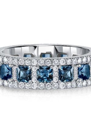 Princess Cut Blue Topaz Eternity Band Ring in Rhodium Plated 925 Sterling Silver