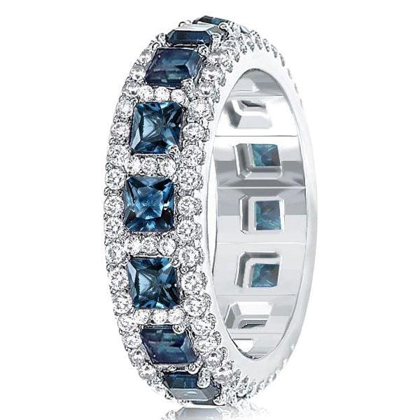 Princess Cut Blue Topaz Eternity Band Ring in Rhodium Plated 925 Sterling Silver