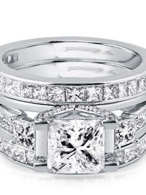 White Sapphire 3-Piece Sterling Silver Wedding Ring Set