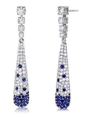 Blue Sapphire Paddle Drop Earrings in Sterling Silver - Pave Setting
