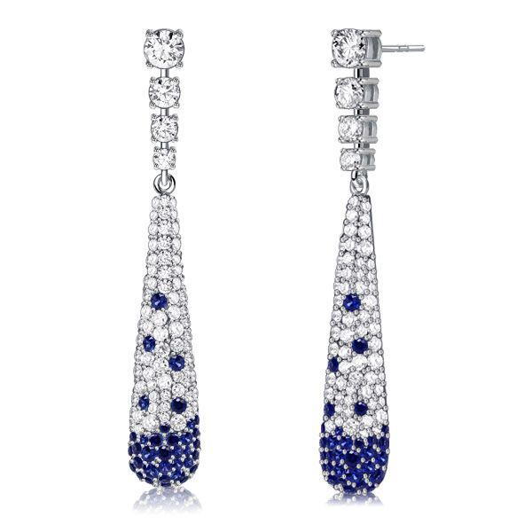 Blue Sapphire Paddle Drop Earrings in Sterling Silver - Pave Setting