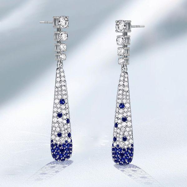 Blue Sapphire Paddle Drop Earrings in Sterling Silver - Pave Setting