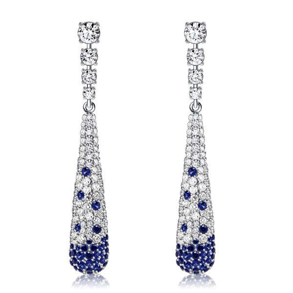 Blue Sapphire Paddle Drop Earrings in Sterling Silver - Pave Setting