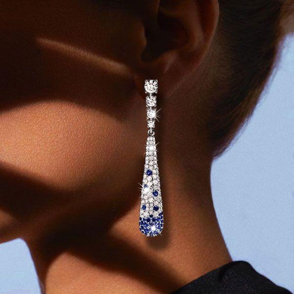 Blue Sapphire Paddle Drop Earrings in Sterling Silver - Pave Setting