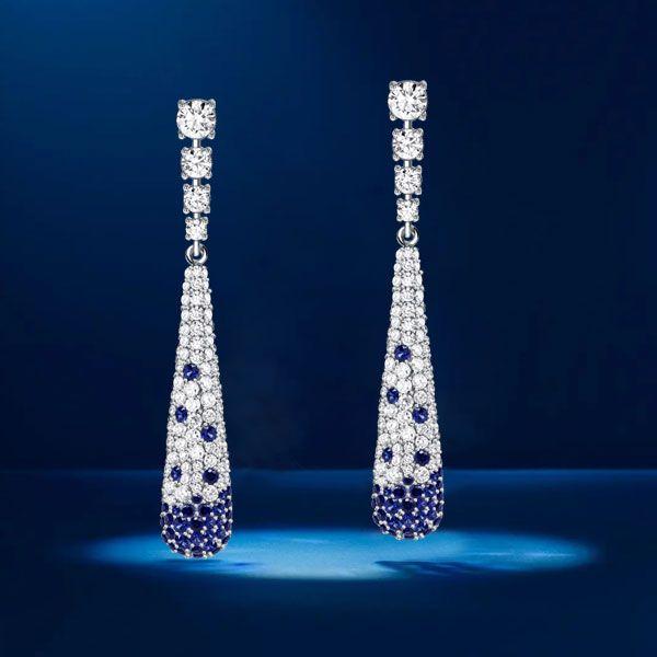 Blue Sapphire Paddle Drop Earrings in Sterling Silver - Pave Setting