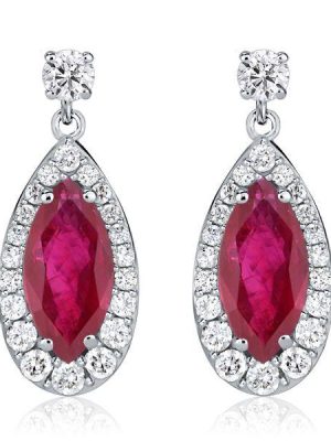 Halo Marquise & Round Ruby Drop Earrings - Sterling Silver