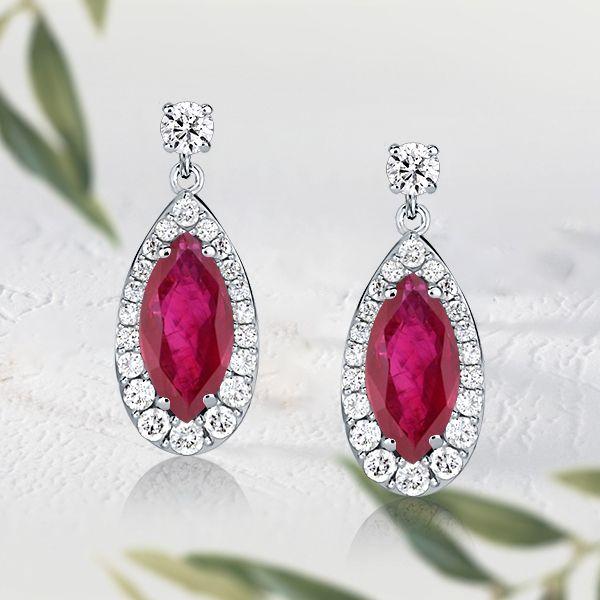Halo Marquise & Round Ruby Drop Earrings - Sterling Silver