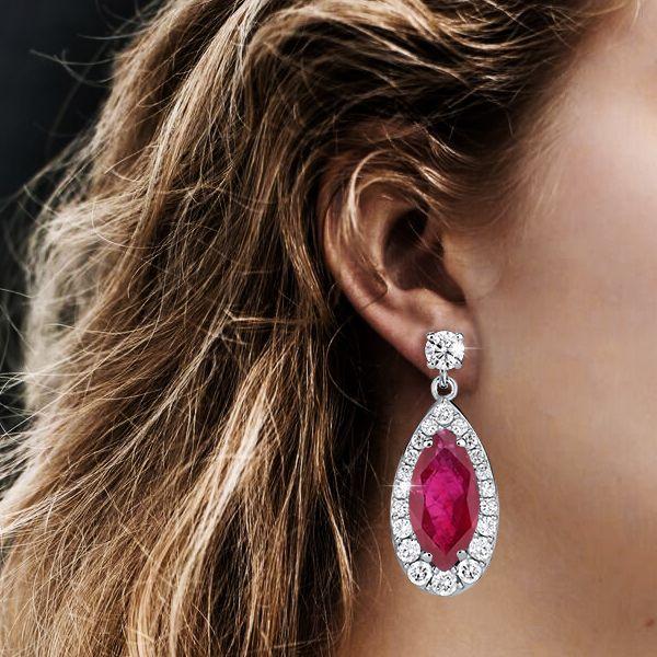 Halo Marquise & Round Ruby Drop Earrings - Sterling Silver