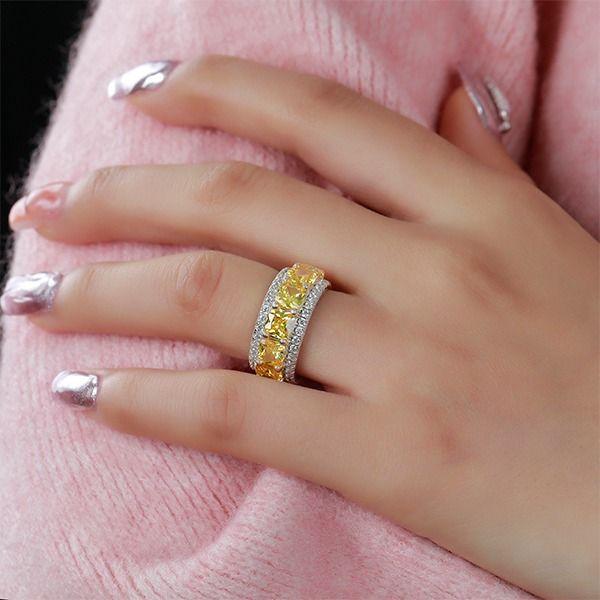 Eternity Yellow Cushion Cut Wedding Band - Sterling Silver Multi-Row Ring