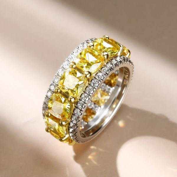 Eternity Yellow Cushion Cut Wedding Band - Sterling Silver Multi-Row Ring