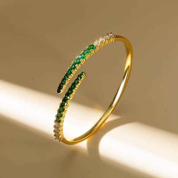 Emerald Green Round Cut Cuff Bracelet | 18K Gold Plated Sterling Silver
