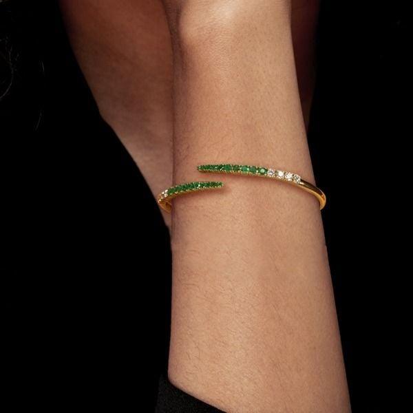 Emerald Green Round Cut Cuff Bracelet | 18K Gold Plated Sterling Silver