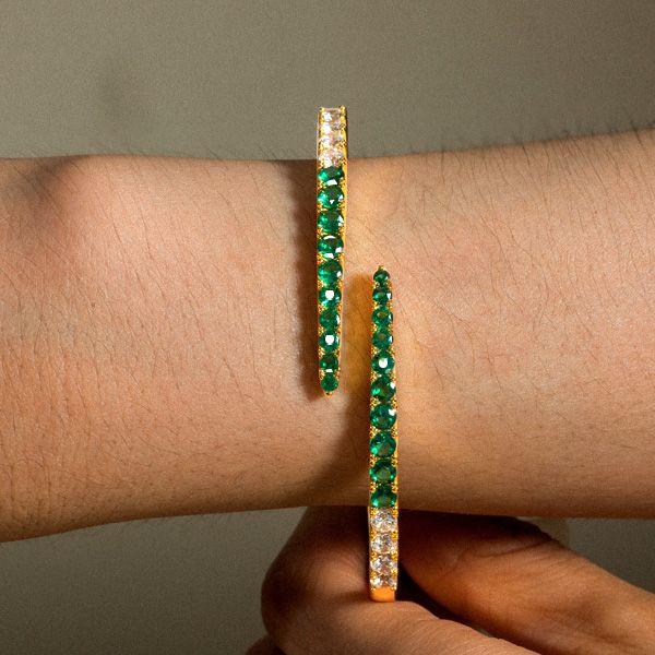Emerald Green Round Cut Cuff Bracelet | 18K Gold Plated Sterling Silver