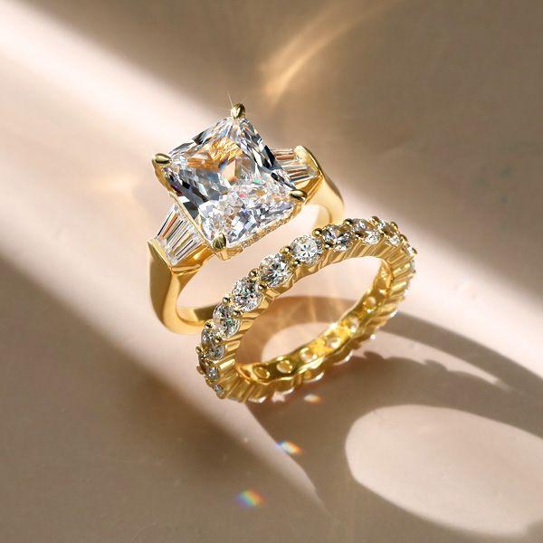 Radiant White Sapphire Engagement & Wedding Ring Set - 18K Gold Plated Sterling Silver