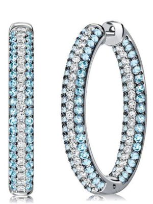Aquamarine Hoop Earrings - Triple Row Sterling Silver Oval Hinged Earrings