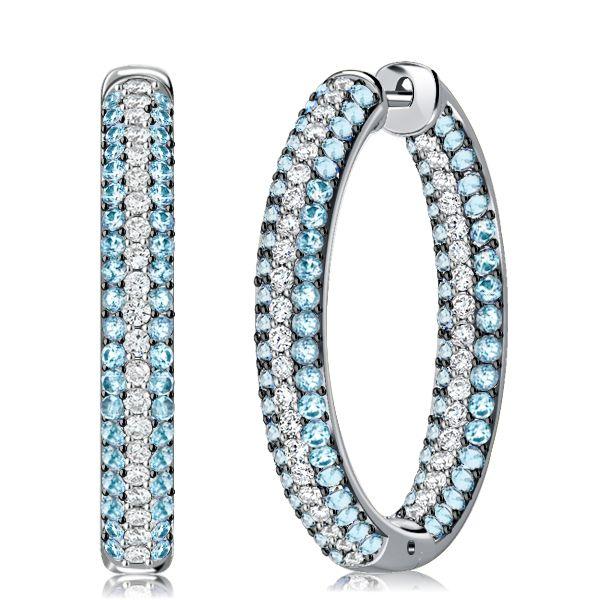 Aquamarine Hoop Earrings - Triple Row Sterling Silver Oval Hinged Earrings
